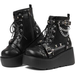 Women Polyurethane A-black Wedge Round Toe Buckle Combat Leather Platform Boots